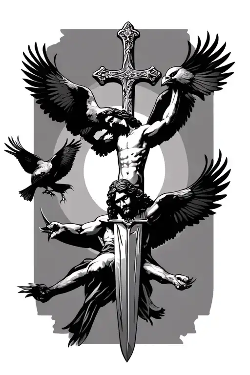 jesus on a sword cross, with crows perched and flying with claws no background tattoo design idea