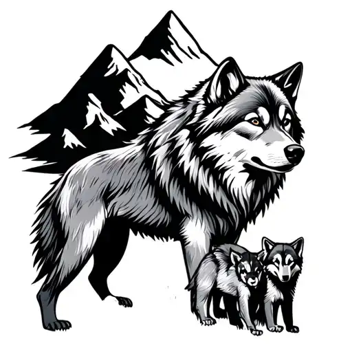 alpha wolf surrounded by mountains over beta wolf and 2 cubs tattoo design idea