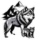 alpha wolf surrounded by mountains over beta wolf and 2 cubs tattoo design idea
