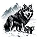 alpha wolf surrounded by mountains over beta wolf and 2 cubs tattoo design idea