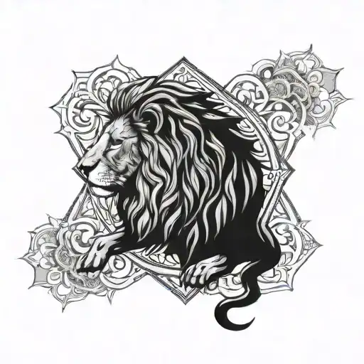 powerful majestic lion ,harlf geometric, surrounded by mandala ornaments tattoo design idea