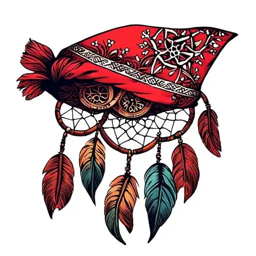 red bandana wrapped around a dream catcher tattoo design idea