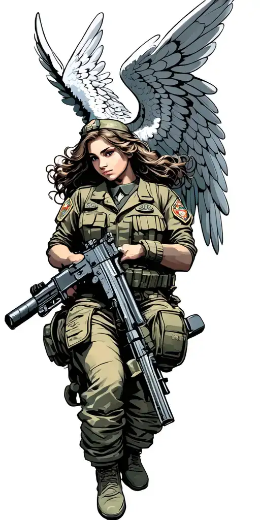 from above an angel and in the bottom military theme tattoo design idea