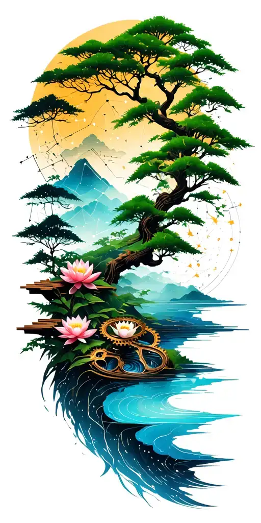 random constellation & layered Japanese landscape of trees,water,bamboo,lotuses,and wood mechanical gears. tattoo design idea