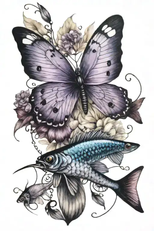 fishing lures and purple butter fly tattoo design idea
