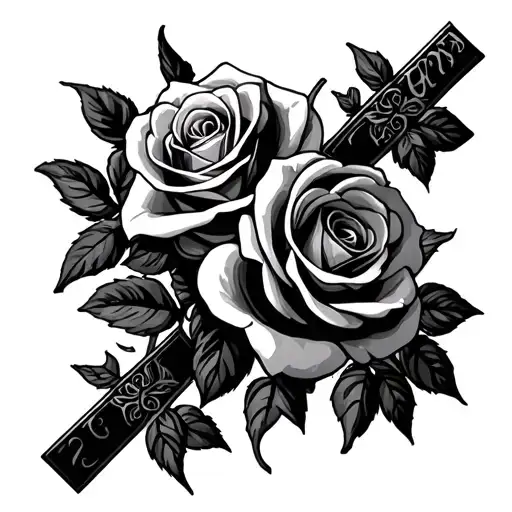 cross and roses intertwined tattoo design idea