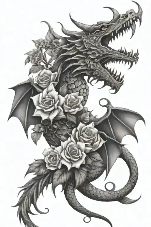 Realistic long dragon with wings black and white drawing adding nightshade flowers and Berry's tattoo for thigh tattoo design idea