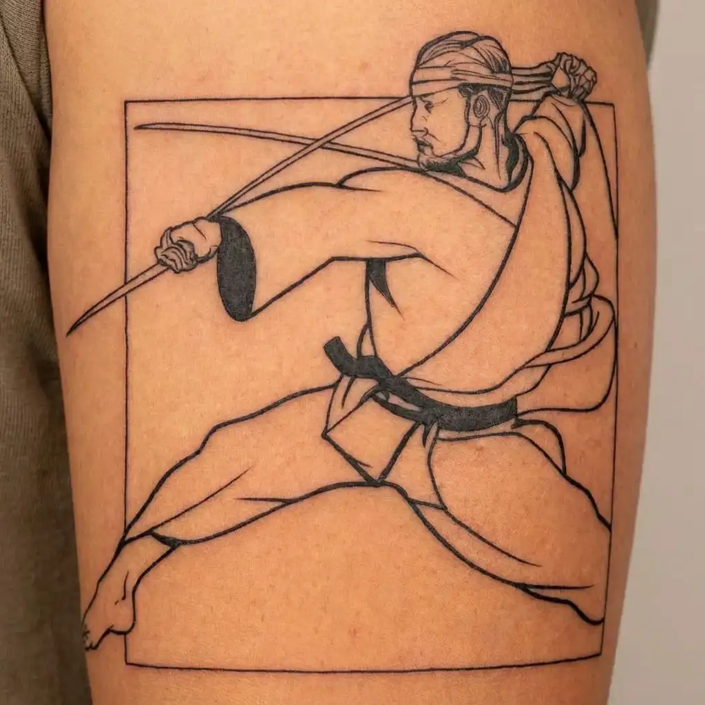 A minimalist design of a martial arts warrior in action tattoo design idea