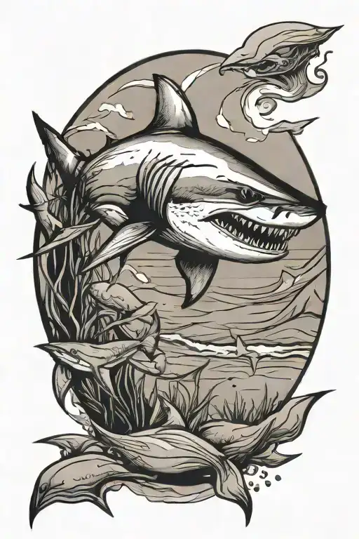 simple black and white shark above the sand tattoo design idea