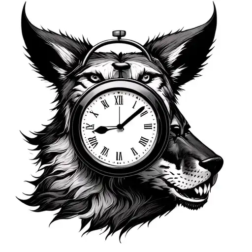 infinity sign with analog clock and wolverine animal inside tattoo design idea