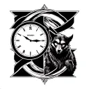 infinity sign with analog clock and wolverine animal inside tattoo design idea