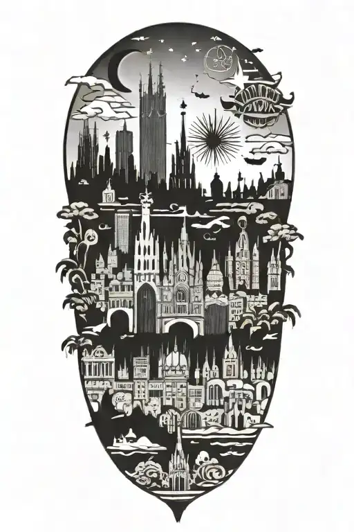 Barcelona skyline silhouette surrounded travel landmarks tattoo design idea