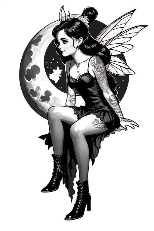 gothic tinkerbell with tattoos, black hair, black dress and boots, sitting on the moon  tattoo design idea