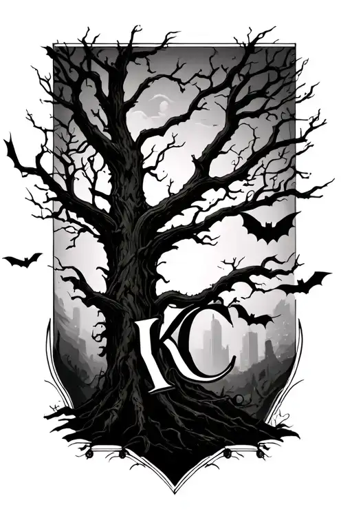 tree branches with bats flying across front and add the initials KC tattoo design idea