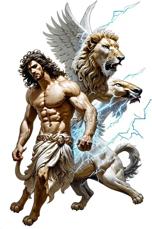 Hercules with a lion's head, which should be an aggressive tattoo, and with Pegasus and Zeus shooting lightning bolts tattoo design idea