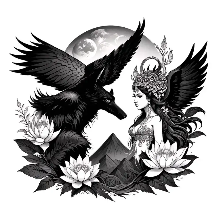 Aries Goddess Surrounded By Poeny And Lotus Flowers With A Black Wolf and hawk And Mountains Range and mars in sky  tattoo design idea