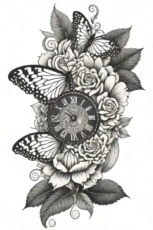 mandala flower, caterpillar cocoon transition, clock, loop, and time 11:59 tattoo design idea