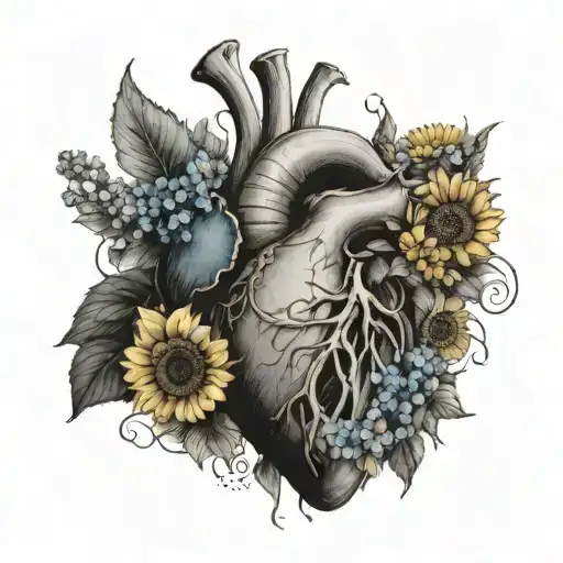 a bleeding human heart with blue hydrangeas, yellow dandelions, and sunflowers in the backgound tattoo design idea
