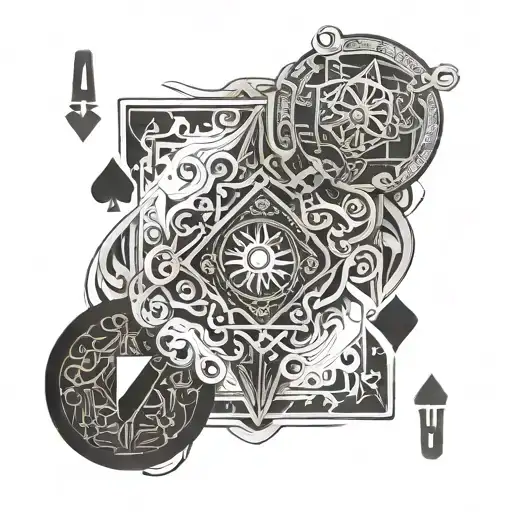 A detailed blackwork design of a royal flush hand of cards with a subtle incorporation of cryptocurrency symbols tattoo design idea