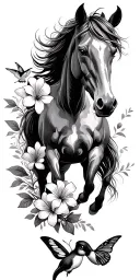 horse galloping, lilly flowers, baby deer, cute bunny, 2 humming birds, butterfly tattoo design idea