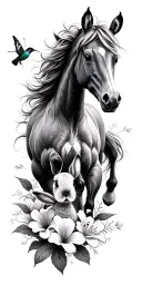 horse galloping, lilly flowers, baby deer, cute bunny, 2 humming birds, butterfly tattoo design idea