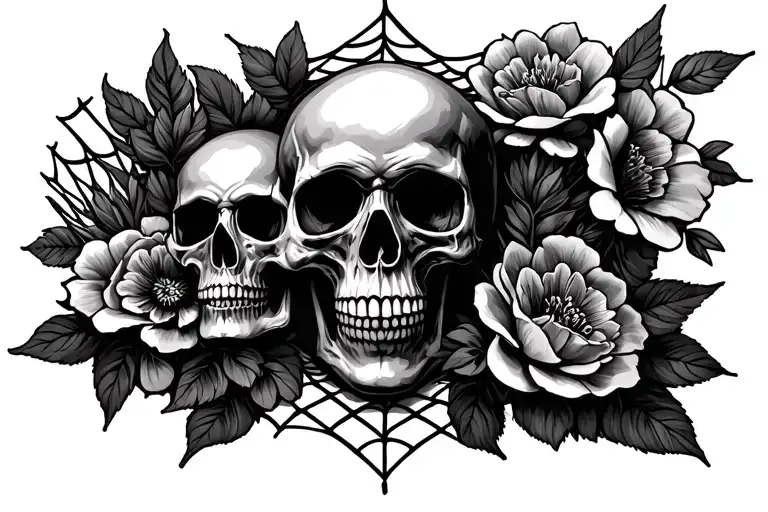 spider web & flowers & skulls surrounded tattoo design idea