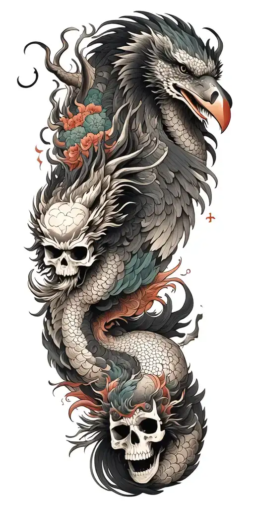 Chinese dragon and phoenix and skull and moon and raven tattoo design idea