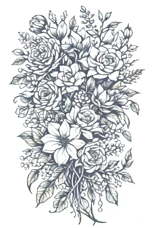 birth flower bouquet with May, August, October, November, February flowers with tree branches tattoo design idea