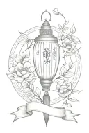 minimalistic esoteric Chinese lantern, parchment scroll, ribbon with Latin inscription and sword. No flower tattoo design idea