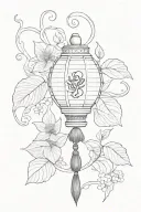 minimalistic esoteric Chinese lantern, parchment scroll, ribbon with Latin inscription and sword. No flower tattoo design idea