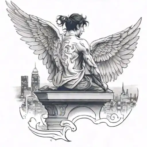 Man with angel wings looks over the night city lights from a far standing over a ledge tattoo design idea