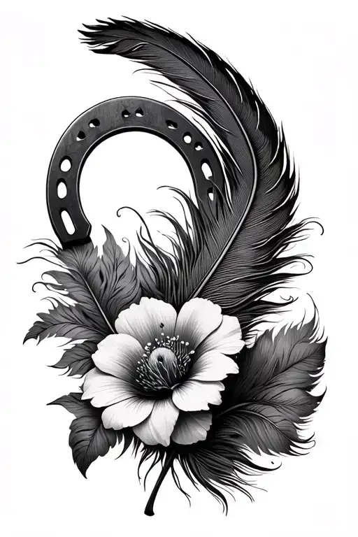 flowers pheasant feather horseshoe tattoo design idea