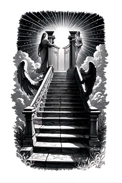 stairway to heaven walking up stairs angels sun rays clouds heaven gate at the top of the stairs  tattoo design idea
