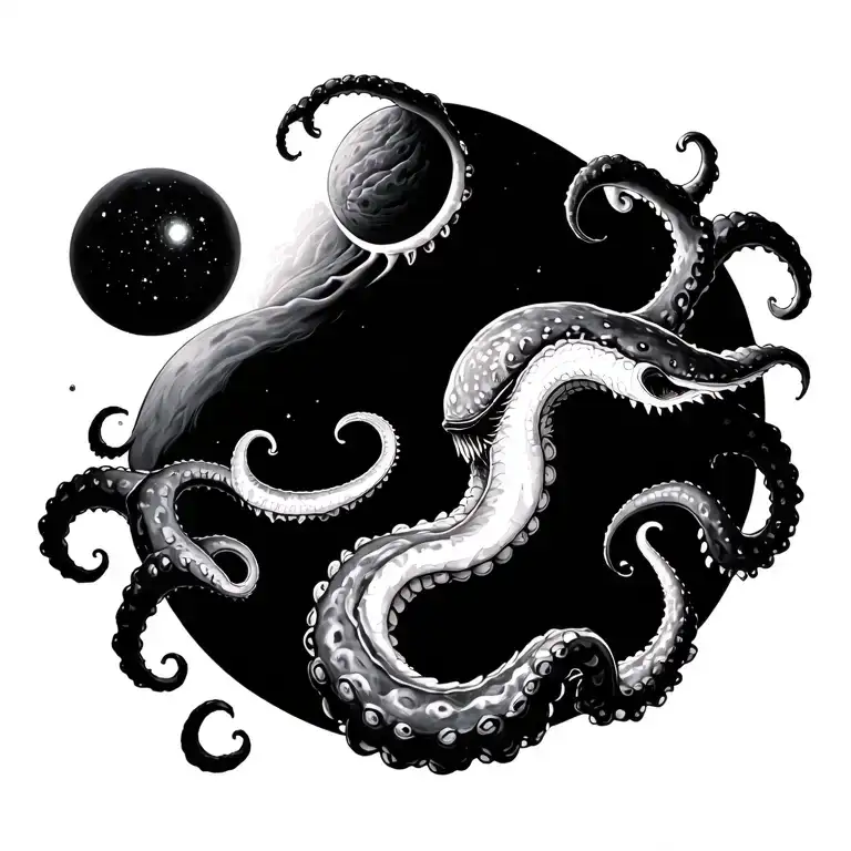 kraken and black hole and galaxy tattoo design idea