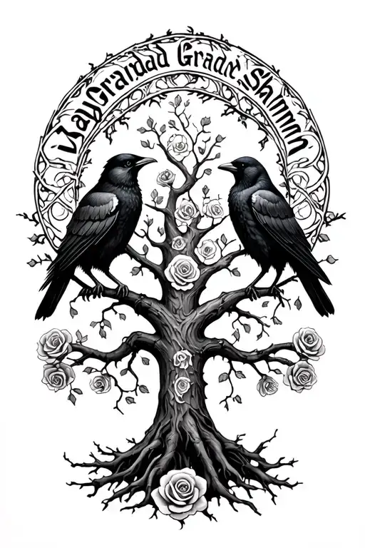 "Jayden Grandad Shannon" 2 crows on the throat, 1 on each side. A yggdrasil with roses intertwined into the roots. Morphs to a tall  Vegvisir.  tattoo design idea