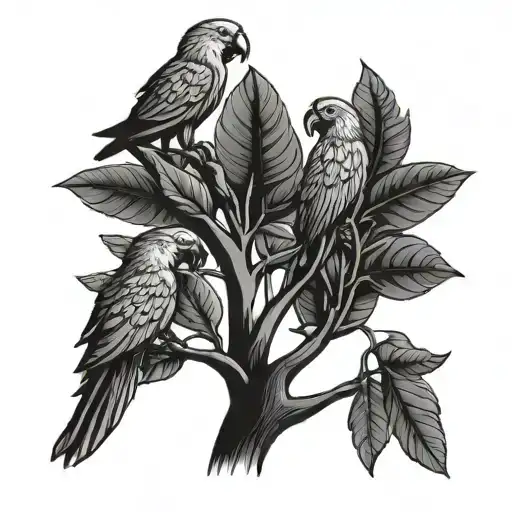 A money tree with branches shaped like trading graphs and parrots resting on the leaves tattoo design idea
