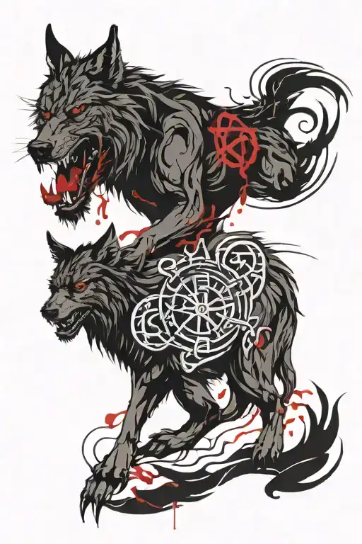 fenrir with gemini zodiac and runes tattoo design idea