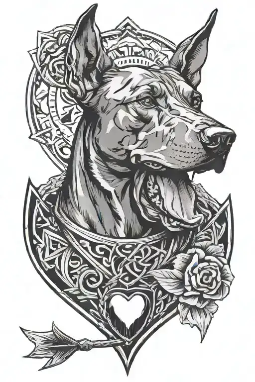 Arrow, Doberman dog head, heart and brain intertwined tattoo design idea