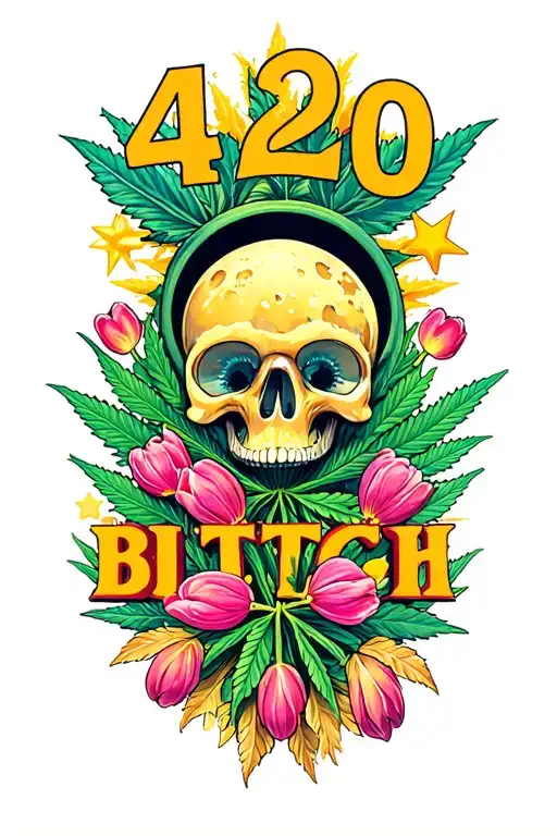 "420 Bitch" Cannabis leafs mushrooms sun and Moon stars tulips feathers bright colors  tattoo design idea