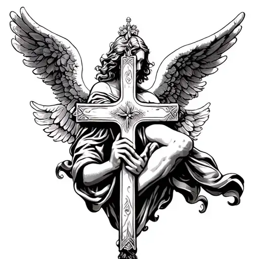 Angel holding a cross tattoo design idea