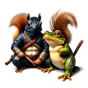 ninja squirrel versus samurai frog sitting tattoo design idea