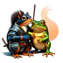 ninja squirrel versus samurai frog sitting tattoo design idea