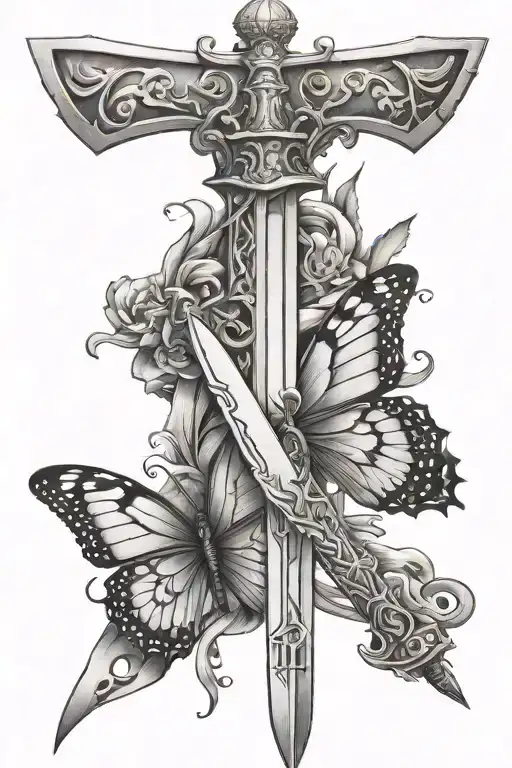 Sword with letter M on top then a butterfly in front of it tattoo design idea