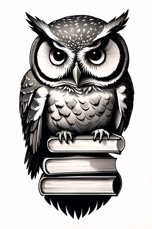 owl sitting on stack of books tattoo design idea