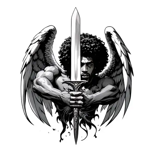 an afro male angel with negro features slicing an devil down with a sword tattoo design idea
