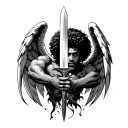 an afro male angel with negro features slicing an devil down with a sword tattoo design idea