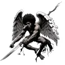 an afro male angel with negro features slicing an devil down with a sword tattoo design idea