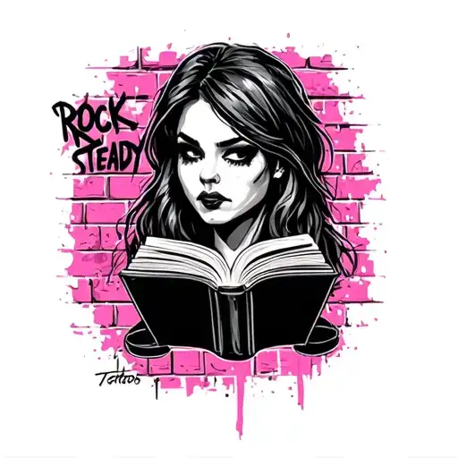 brick wall graffiti reading Rock Steady  black pink chrome scale tattoo design idea