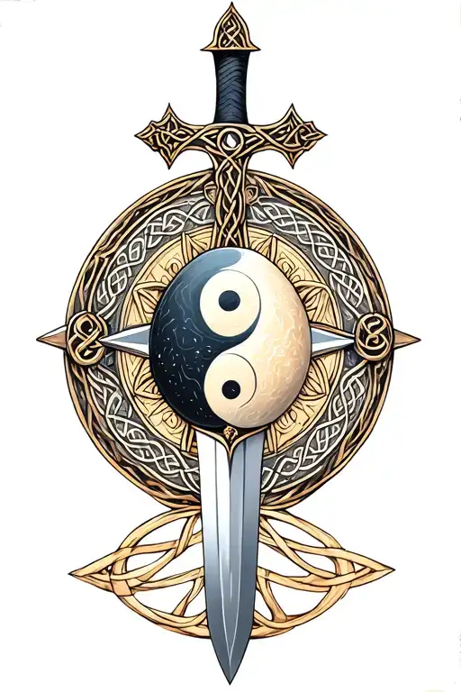 celtic cross but as a sword and near its guard a symbol which is a 8 pooint compass that has a yin yang egg as the middl tattoo design idea
