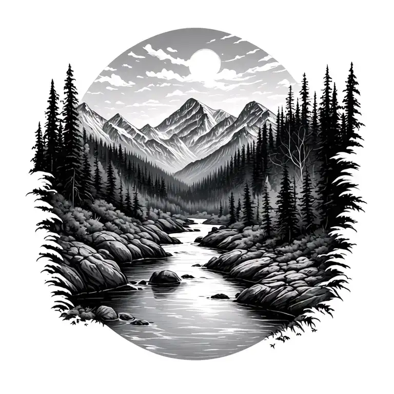 river surrounded my mountain range tattoo design idea